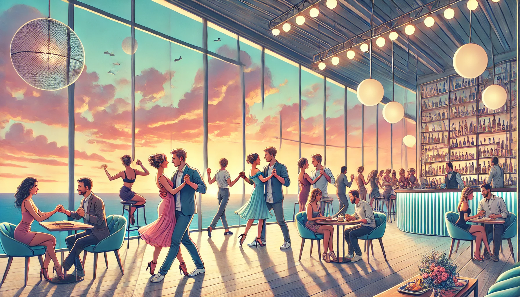 couples dancing with the sunset in the backdrop. 